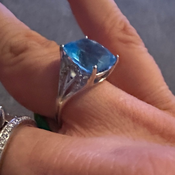 Jewelry - Cushion 3 karat Swiss Blue Topaz, 10K White Gold Ring.